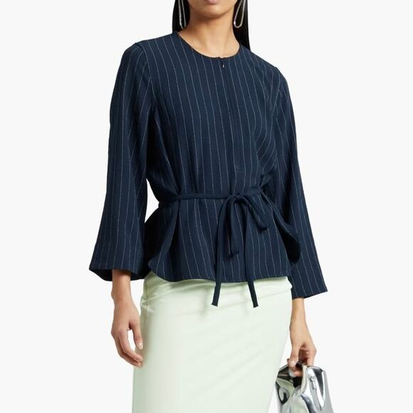 Ganni Navy Tie-Front Striped Crepe Blouse Size 34 - Picture 1 of 10
